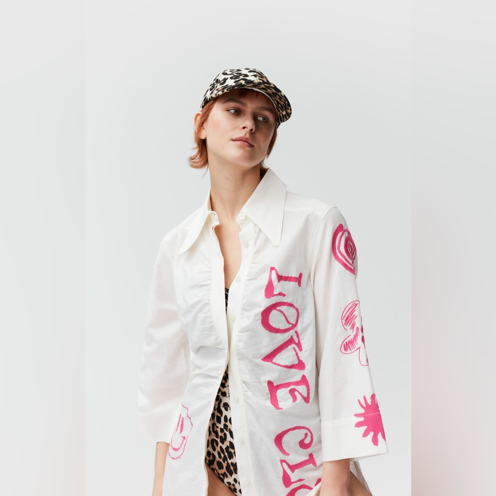 Ganni Love Club Organic Cotton Linen Graphic Cover Up Shirt